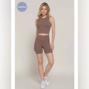 199 - Taupe Sleeveless Ribbed Seamless Crop Top and Shorts Set